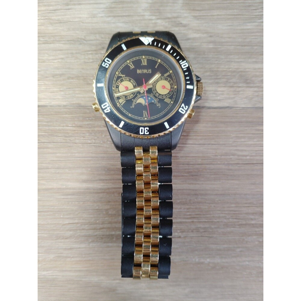 Benrus Quartz Watch Black & Gold Calendar Day Cycle Swiss Parts New Battery